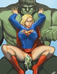 1boy 1girls blonde blonde_female blonde_hair blonde_hair_female blue_top boots breasts cape clothed_sex creampie crossover cum cum_in_pussy cum_inside cum_leaking cum_leaking_out_of_pussy dc dc_comics determined ejaculation excessive_cum female green-skinned_male green_male green_skin huge_cock hulk hulk_(series) human kara_zor-el kryptonian large_breasts legs_spread light-skinned_female light_skin looking_at_viewer male marvel marvel_comics nipples panties_aside penetration_from_behind pussy pussy_exposed pussy_stretched red_boots red_cape red_skirt seated_reverse_cowgirl_position sex sex_from_behind size_difference skin_tight skin_tight_suit skirt skirt_lift straight supergirl tagme tinkerbomb vaginal_penetration