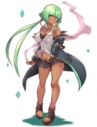 brown_skin cougar1404 cyan_eyes green_hair shorts tagme