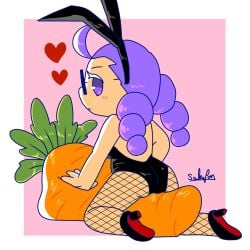 alchemist_cookie bored_expression bunny_ears bunnysuit carrot cookie_run cookie_run_kingdom fishnets glasses hearts purple_eyes purple_hair riding unknown_artist unknown_artist_signature