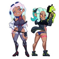 2girls bikini crossover_cosplay cyberpunk:_edgerunners female female_only leotard lucy_(edgerunners)_(cosplay) marina_(splatoon) minus8 multiple_girls nintendo octoling octoling_girl rebecca_(edgerunners)_(cosplay) splatoon tagme