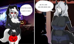 . anthro big_breasts breasts canid canine canis cosplay crossover crossover_cosplay dialogue domestic_dog duo female halloween helluva_boss hi_res holidays huge_breasts humanoid loona_(helluva_boss) mammal samiweasel scp-1471 scp-1471-a scp_foundation speech_bubble text