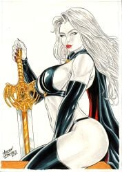 2022 anilton_freires big_breasts bulging_breasts cape chaos_comics coffin_comics ed_benes_studio erect_nipples high_resolution lady_death latex_bra latex_gloves latex_thighhigh_boots long_hair looking_at_viewer nipple_bulge queen_of_the_dead tagme white_hair white_skin