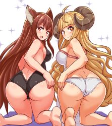 2girls amber_eyes animal_ears ass ass_cleavage bending_forward blonde_hair brown_hair butt_crack cougar1404 female female_only horns multiple_girls swimsuit tagme