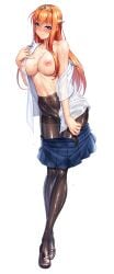 blush breasts female full_body kagami_hirotaka kangoku_senkan kangoku_senkan_2 large_breasts lilith-soft loafers long_hair maya_cordelia no_bra orange_hair plaid plaid_skirt school_uniform shiny shiny_hair shiny_skin skirt sweat taimanin_(series) taimanin_rpgx undressing wide_hips