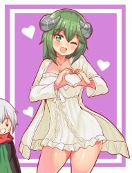 cougar1404 green_eyes green_hair heart_hands horns tagme white_dress