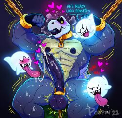 <3_eyes 1boy abs accessory anthro arms_tied balls big_penis big_tongue blush bodily_fluids boo_(mario) bound chain_bondage chains closed_eyes cock_ring collar cuff_(restraint) dialogue dry_bones dry_himbones erection gay genitals ghost handcuffs heart heart-shaped_pupils hi_res humanoid_genitalia humanoid_penis jewelry koopa long_tongue looking_at_viewer male male_only mario_(series) metal_cuffs muscular muscular_anthro muscular_male muscular_thighs nintendo nipples penis penis_accessory penis_jewelry poppin restraints saliva scalie sharp_teeth shell sitting solo spirit sweat teeth tongue tongue_out undead video_games