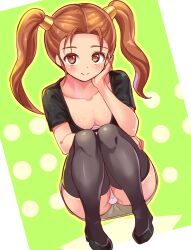 blush bra brown_eyes brown_hair clothing cougar1404 crouching dragon_quest dragon_quest_viii jessica_albert medium_breasts panties skirt stockings tagme twintails view_between_legs