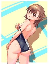 1girls 2020s 2022 alternate_ass_size ass bare_shoulders big_ass blush breasts brown_eyes brown_hair brunette cougar1404 embarrassed female from_behind looking_at_viewer matching_hair/eyes misaka_mikoto one-piece_swimsuit open_mouth school_swimsuit shiny shiny_clothes shiny_hair shiny_skin short_hair sideboob small_breasts solo sweatdrop swimsuit teenage_girl teenager to_aru_kagaku_no_railgun to_aru_majutsu_no_index wedgie young