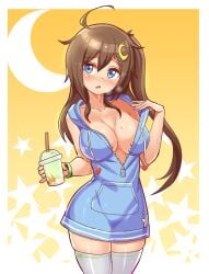 big_breasts blue_eyes brown_hair cougar1404 ice_cream sweat tagme thighhighs