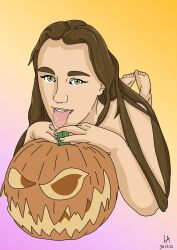 1girls brown_hair colour_background dmsketch94 eyeliner feet feet_up female green_eyes halloween looking_at_viewer lying lying_down nose_piercing piercing piercings pink_lips plant pumpkin saliva saliva_drip saliva_on_tongue salivating septum_piercing suggestive tongue tongue_out