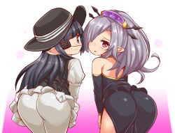 2girls ass bending_over black_hair cougar1404 female female_only hat multiple_girls purple_eyes tagme tight_clothing