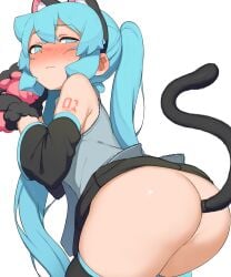 1girls abmayo anal anal_object_insertion anal_princess anal_tail animal_ears armpit_crease ass bare_shoulders black_skirt blue_eyes blue_hair blush blush_lines cat_ears cat_tail detached_sleeves ear_blush eyebrows eyebrows_visible_through_hair fake_animal_ears fake_tail female female_only from_side grey_shirt hatsune_miku highres leaning_forward long_hair looking_at_viewer object_insertion paw_gloves pleated_skirt sex_toy shiny_skin shirt simple_background skirt solo solo_female tail thighhighs twintails very_long_hair vocaloid white_background young