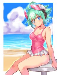 azure_striker_gunvolt azure_striker_gunvolt_2 beach blue_eyes cougar1404 cute green_eyes gunvolt_chronicles_luminous_avenger_ix luminous_avenger_ix roro_(gunvolt) sitting swimsuit tan_skin