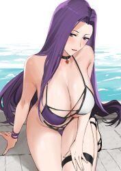 1girls alternate_costume bare_thighs bikini breasts choker cleavage female female_only fire_emblem fire_emblem_echoes:_shadows_of_valentia fire_emblem_gaiden large_breasts long_hair looking_at_viewer nintendo one_knee open_mouth oyatsu_0 purple_bikini purple_eyes purple_hair purple_swimsuit smile solo sonya_(fire_emblem) swimsuit thick_thighs thighs underboob very_long_hair water white_bikini white_swimsuit