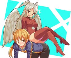 1boy angel_wings bodysuit cougar1404 female femdom sitting_on_person submissive_male tagme thighhighs