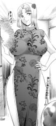 big_breasts black_and_white breasts cheongsam chloe_mansfield flower_in_hair hand_on_hip japanese_text manga shuumatsu_no_harem smile smiling voluptuous voluptuous_female