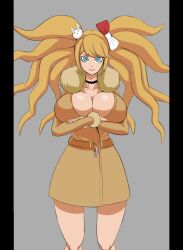 animated anythinggoes big_cleavage blonde_hair blue_eyes breasts breasts_apart coat danganronpa dark_nipples erect_nipples female female_only flashing hips huge_breasts junko_enoshima looking_at_viewer naked nude straight_hair thighscleavage