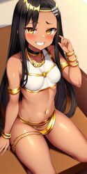 1girls ai_failure ai_generated black_hair blush breasts brown_eyes clothed clothing egyptian egyptian_clothes egyptian_mythology female_focus female_only hayase_nagatoro hi_res long_hair looking_at_viewer nai_diffusion navel pixiz-sama please_don't_bully_me,_nagatoro revealing_clothes simple_background small_breasts smile solo stable_diffusion tan tan_skin tanned