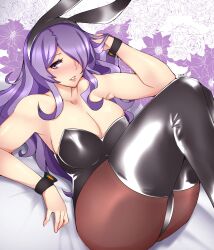 1340smile 1girls absurd_res absurdres alternate_costume animal_ears animal_hair_ornament artist_name blush breasts bunny_ears bunny_girl bunnysuit camilla_(fire_emblem) cleavage cuffs fake_animal_ears female female_only fire_emblem fire_emblem_fates flower hair_over_one_eye hand_in_own_hair hi_res highres knees_up large_breasts lips long_hair looking_away lying lying_on_back nintendo on_back pantyhose parted_lips playboy_bunny purple_eyes purple_hair rabbit_tail solo tail teeth thigh_boots thighhighs thighs watermark wavy_hair wrist_cuffs