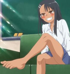 1girls 774_(nanashi) black_hair blush breasts brown_eyes clothed clothing feet female_focus female_only foot_focus hayase_nagatoro hi_res long_hair please_don't_bully_me,_nagatoro revealing_clothes screencap simple_background skirt small_breasts smile solo tan tan_skin tanned upskirt