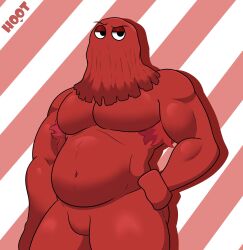 1boy anthro armpit_hair artist_logo artist_name bara beefy black_eyes chubby dg254 don't_hug_me_i'm_scared edit edited gay hoot_(owl_logo) male male_only masculine moobs musclegut muscular_male no_visible_genitalia nude_male pecs penis_bulge red_body red_guy_(dhmis) solo yarn