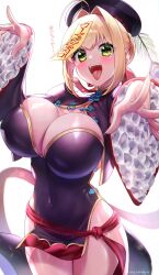 1girls ahoge blonde_hair breasts cleavage fangs fate/grand_order fate_(series) female green_eyes halloween hat hips huge_breasts jiangshi light-skinned_female light_skin nero_claudius_(fate) open_mouth slim_waist smile spell_tag thick_thighs thighs tied_hair tongue_out wide_hips yayoi_maka