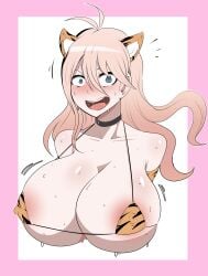 bikini bikini_top blush blushing_profusely breasts danganronpa danganronpa_v3 embarrassed female_only iruma_miu large_breasts naver skimpy_bikini sweat tiger_ears tiger_print tiger_print_bikini visible_nipples