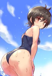 amber_eyes ass_focus black_hair blue_swimsuit blush cougar1404 looking_at_viewer one_piece_swimsuit swimsuit tagme water wet wet_clothes wet_skin