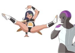 1girls 2boys black_hair body_swap brown_eyes captain_ginyu clothed clothing crossover dragon_ball frieza green-tinted_eyewear hayase_nagatoro hi_res kchic99 long_hair looking_at_viewer mind_control open_mouth please_don't_bully_me,_nagatoro pose revealing_clothes scouter simple_background spread_legs tan tan_skin tanned tinted_eyewear wearing_others_clothes white_background