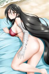 1girls bandages beach bikini bikini_bottom bikini_top black_hair blush breasts brown_eyes gripping_sheets kimmy77 lying_on_stomach solo tales_of_(series) tales_of_berseria velvet_crowe very_long_hair