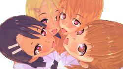 1boy 3d 4girls black_hair blonde_hair blowjob censored clothed clothing darckanllel erection fellatio gamo-chan hayase_nagatoro heart-shaped_pupils hi_res naoto_hachioji_(senpai) open_mouth orange_eyes orange_hair penis please_don't_bully_me,_nagatoro revealing_clothes sakura_(nagatoro) simple_background tongue_out white_background yoshi_(nagatoro)