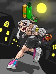 allesey candy cannabis_(allesey) cosplay halloween halloween_2022 halloween_costume muscular_female nintendo original_character purple_eyes purple_eyes_female sfw splatoon splatoon_(series) trick_or_treat water_gun white_hair white_hair_female witch