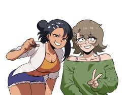 1boy 1girls aged_up big_breasts black_hair breasts brown_hair cleavage clothed clothing crossdressing curvy glasses hayase_nagatoro long_hair makeup medium_hair naoto_hachioji_(senpai) peace_sign please_don't_bully_me,_nagatoro revealing_clothes simple_background sweat tinafate1 white_background wide_hips