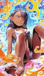 1girls amaguchi_chiyoko black_hair blush breasts brown_eyes clothed clothing cum cum_on_feet female_focus female_only hayase_nagatoro hi_res long_hair looking_at_viewer please_don't_bully_me,_nagatoro revealing_clothes simple_background small_breasts solo tan tan_skin tanline tanned watermark