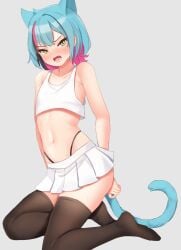 1boy bare_shoulders belly_button black_hair black_legwear black_stockings blue_hair blush blushing_at_viewer cat_boy cat_ears cat_tail catboy embarrassed exposed_shoulders femboy gradient_eyes kyo_kaneko legwear looking_at_viewer midriff navel nijisanji nijisanji_en oerba_yun_fang open_mouth pink_hair short_hair skimpy_clothes sleepypudding solo solo_focus solo_male stockings sweat sweatdrop thighhighs virtual_youtuber