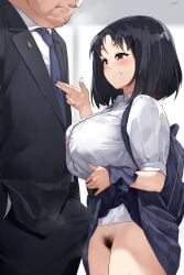 1boy bag black_hair blush breasts brown_eyes bulge clothing cowboy_shot female female_pervert flashing formal gao_(gaolukchup) grin hand_in_pocket high_resolution large_breasts male medium_hair necktie old_man original pantsu pervert pubic_hair school_bag school_uniform skirt smile suit third-party_edit underwear uniform watermark web_address white_panties white_underwear