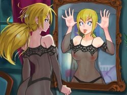 altered_reflection blonde_hair blue_eyes breasts female female_only jennifer_sweeny mirror monster_madness nipples nipples_visible_through_clothing revealing_clothes sharkxteeth