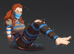 1girls aloy arms_behind_back barefoot blue_cloth blue_rope bondage braided_hair braids brown_hair cheek_bulge closed_eyes cloth_gag cloth_over_mouth dark_background eyebrows eyelashes feet feet_up female female_only horizon_zero_dawn long_hair long_pants over_the_mouth_gag pearls rope rope_bondage rope_gag skelebomb solo solo_female toenails torn_clothes torn_clothing torn_legwear wiggle_lines wiggling wiggling_toes