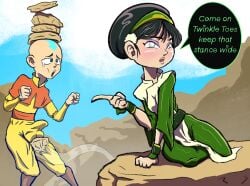 1boy 1girls aang air_nomad airbender_tattoo avatar_legends avatar_the_last_airbender ballbusting cbt clothing cock_and_ball_torture earth_kingdom english_text female groinattack3 male small_breasts smooth_skin speech_bubble text the_avatar toph_bei_fong