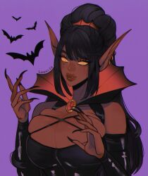 1girls big_breasts black_fingernails black_hair blizzard_entertainment cleavage dark-skinned_female dark_skin earrings elf_ears elf_female empty_eyes fangs female female_only halloween hi_res long_ears long_fingernails long_hair looking_away mole mole_under_eye pointy_ears ponytail purple_background solo sookidraws upper_body vampire warcraft world_of_warcraft yellow_eyes