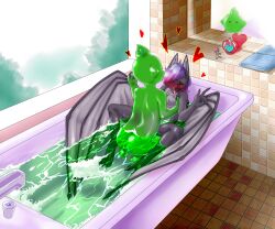 absurd_res anthro bathroom_sex blush chiropteran duo female fur futanari goo_creature goo_humanoid green_body green_water grey_body grey_fur hair hearts_around_head herm hi_res humanoid intersex intersex/female lirmi mammal mirror naturally_censored nipple_tuft piledriver_position pteropodid purple_hair riron_(riron_blep) riron_blep sex sex_in_water tuft