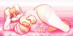 big_breasts big_thighs cream_skin eyelashes heart-shaped_pupils laying_down laying_on_bed laying_on_side orange_eyes orange_hair puffylover69 rabbit rabbit_ears sonic_(series) sonic_the_hedgehog_(series) vanilla_the_rabbit white_rose white_socks wink winking winking_at_viewer