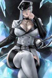 1girls 2022 2d adult adult_female akame_ga_kill! artist_name big_breasts blue_eyes blue_hair blush breasts chest_tattoo choker cleavage clothed clothed_female clothing cryokinesis curvaceous curves curvy curvy_female curvy_figure dark_lipstick dominant_female esdeath_(akame_ga_kill!) female female_only fully_clothed hi_res highres huge_breasts human human_female human_only ice large_breasts light-skinned_female light_skin long_hair looking_at_viewer matching_hair/eyes military_uniform no_sex not_ai_generated pale-skinned_female pale_skin powers rapier realistic_breast_size realistic_proportions sitting solo solo_female straight_hair sword tall_female tattoo thick_thighs thighhighs thighs villainess we1cometoparadiseart weapon welcometoparadise wtparadise young_woman