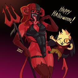 1boy 1femboy 2022 black_hair bodysuit canine cartoony crossdressing demon demon_boy demon_horns demon_tail femboy femboy_only femboymaycry halloween halloween_costume latex latex_bodysuit leotard loggus_doggus male male_only original red_hair shiny_clothes shiny_skin solo succubus swimsuit