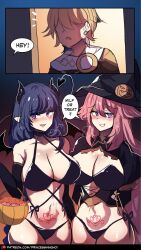 1boy 2girls aether_(genshin_impact) blonde_hair breasts dialogue english_text fox_ears fox_girl genshin_impact halloween hinghoi hips huge_breasts kitsune long_hair pink_hair purple_eyes purple_hair raiden_shogun slim_waist speech_bubble succubus_costume wide_hips witch_costume witch_hat yae_miko