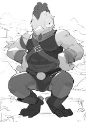 anthro avian blush bulge chicken clothing fortnite fortnite:_battle_royale male male_only masshiro snkkdlt solo squatting tender_defender underwear video_games