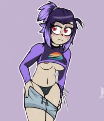 blush bra brawlhalla breasts clothed clothes clothing dark_hair looking_up nipples nix_(brawlhalla) purple_background purple_clothing purple_hair red_eyes removing_clothing shado3 short_hair shorts simple_background swimsuit tagme white_body worried worried_expression worried_face