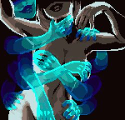 2girls black_background black_lipstick breasts disembodied_hand disembodied_hands eyes_obscured female female_focus ghost ghost_girl groping implied_fingering multiple_girls nude_female original pale-skinned_female pixel_art rhl_pixels yuri