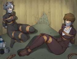 2girls black_tape bondage bound breasts brown_eyes brown_hair brown_pantyhose brown_stockings burglar business_suit cat_costume cat_ears catsuit concrete cracked_wall detective_rui_(lostonezero) duct_tape feet feet_tied feet_together female female_only femsub fishnet_topwear fully_clothed fuyu_(lostonezero) gag grey_hair heroine human jacket kneeling leaning_on_wall mug one_eye_closed pantyhose pink_eyes policewoman rope rope_bondage rui_(lostonezero) ryner-e shirt short_hair silver_tape stockings tape tape_bondage tape_gag tape_mittens taped_hands the_cat_(lostonezero) thief tiles toes_visible_through_clothing water_bottle white_hair