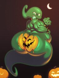 armband ass belly big_butt bodypaint collar food fruit gesture ghost glowing glowing_body glowing_eyes green_body green_eyes gu_(character) halloween hi_res holidays huge_butt jack-o'-lantern looking_at_viewer male moon no_humans non-human non-human_only nude open_mouth overweight painted_butt plant pumpkin pumpkin_butt simple_background smile solo spiked_armband spiked_collar spikes spirit thick_thighs tongue tongue_out trashdrawy waving